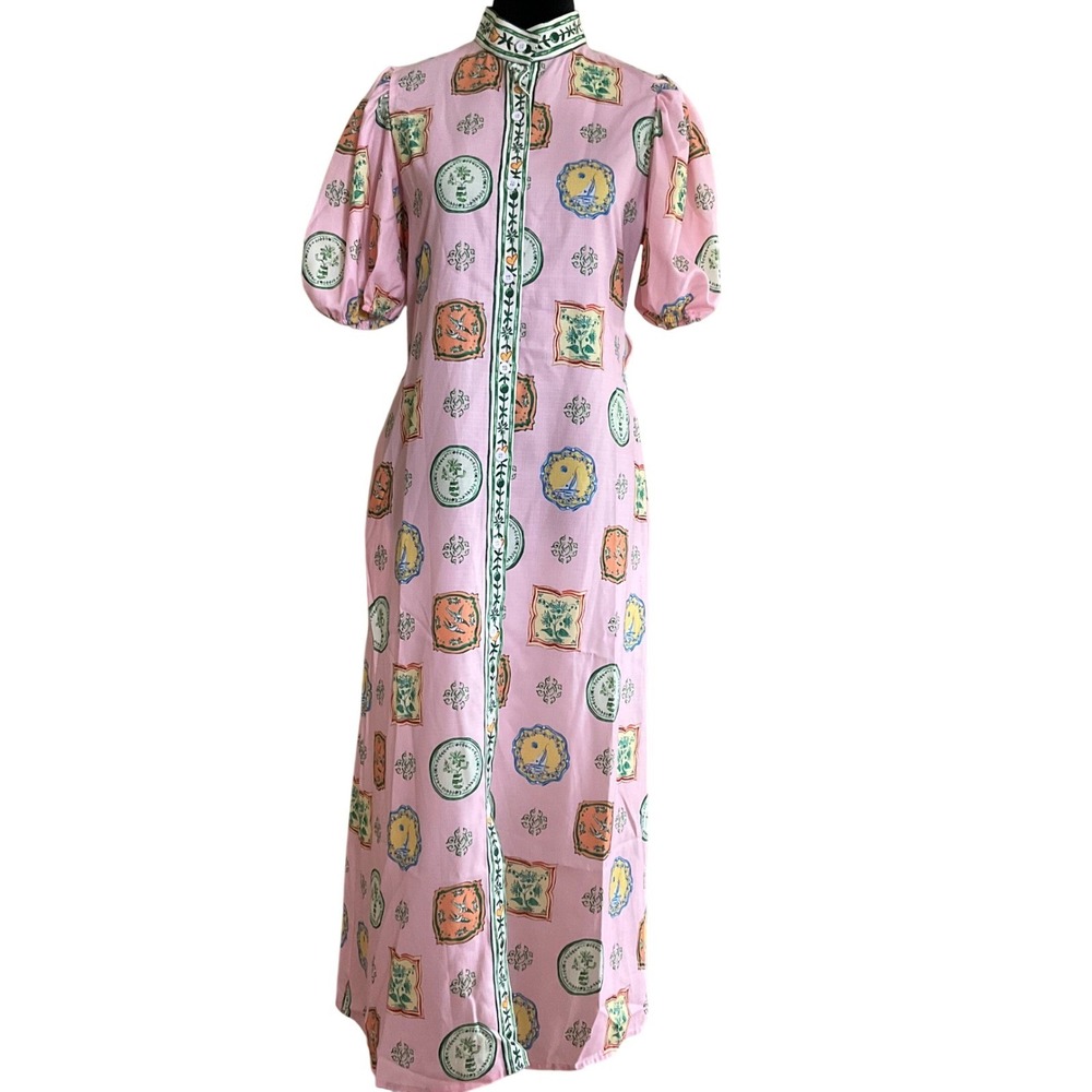 Pink Printed Maxi Dress with Mandarin Collar